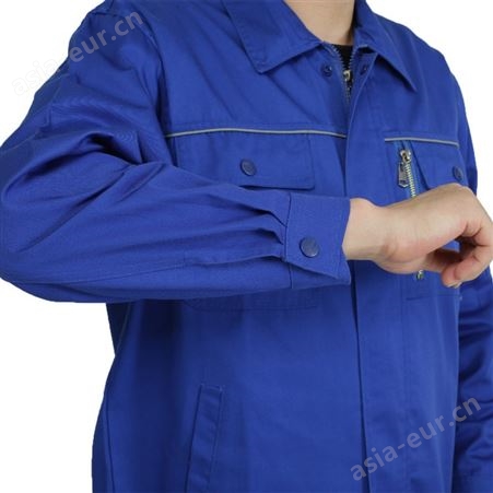 春季长袖工作服套装 蓝色灰边工作服套装 定制工装男女耐磨
