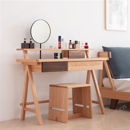 搏德森北欧全实木梳妆台妆凳现代简约收纳柜一体红橡木卧室小户型化妆桌