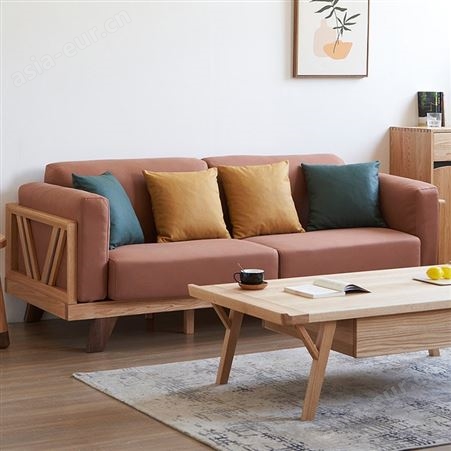 搏德森北欧全实木沙发3人位简约现代客厅小户型红橡木单人布艺沙发组合