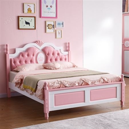 搏德森美式全实木床1.5米儿童双人床单人床女孩卧室家具 粉色